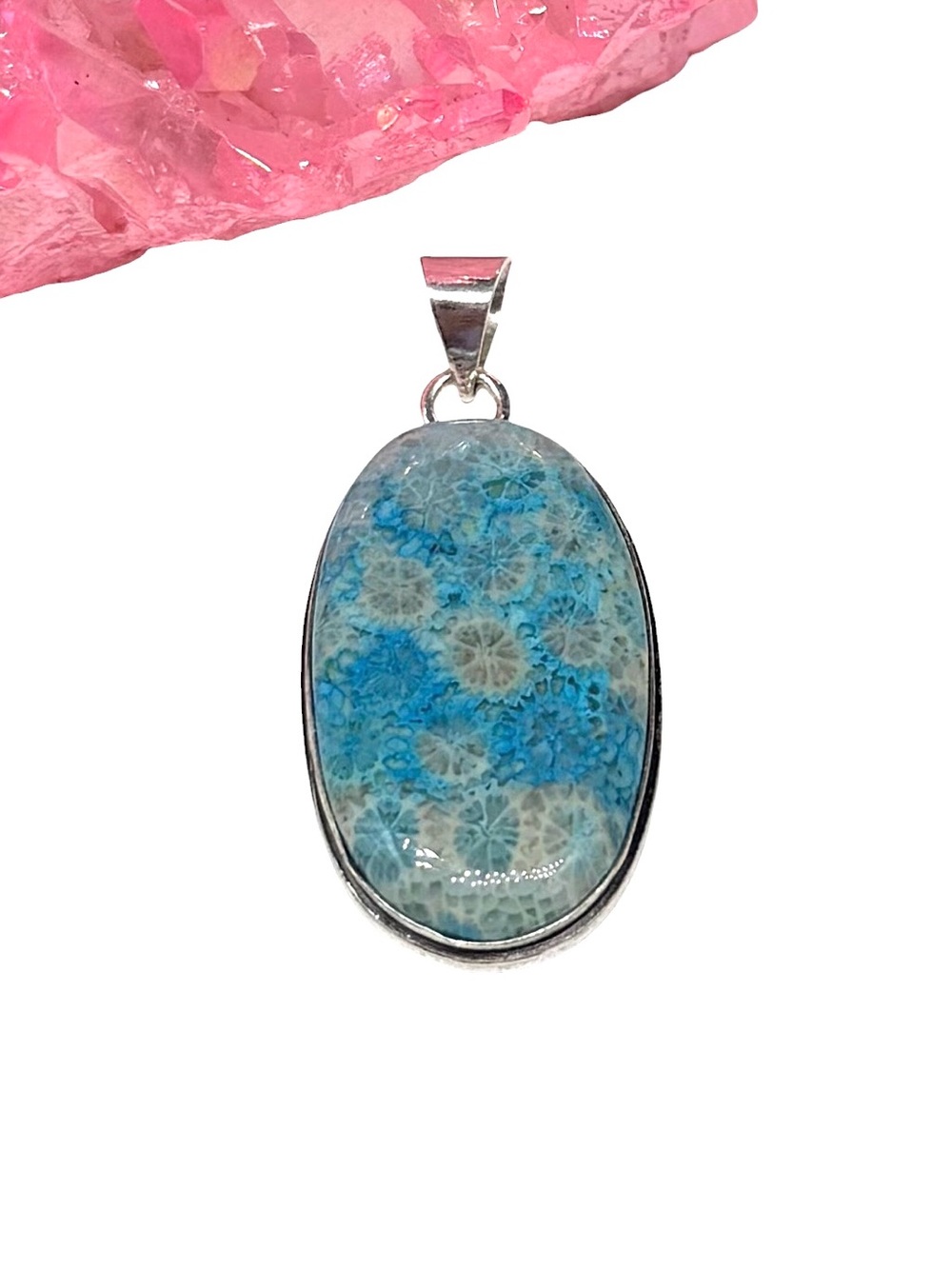 Blue Fossil Coral Necklace Pendant 925 Sterling Silver Overlay